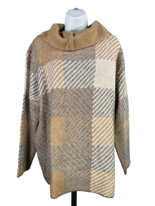 Coldwater Creek Women's Gray/Tan Knit Long Sleeve Cowl Neck Sweater - XL