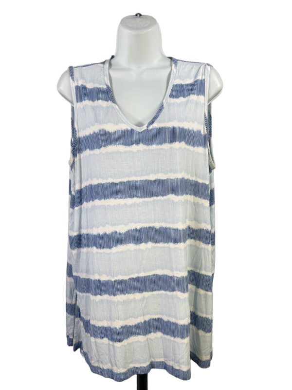 Lands End Women's Blue/White Sleeveless Hi-Low V Neck Tunic Tank Top - L