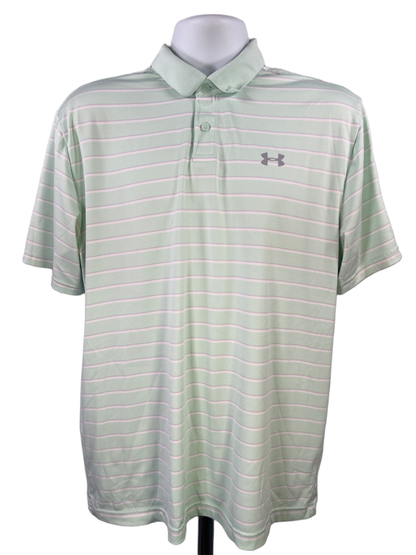 Under Armour Men's Green Striped Heatgear Loose Short Sleeve Polo Shirt - L