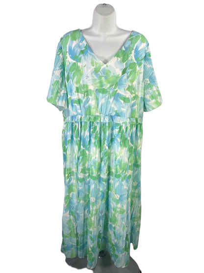 Grace Karin Women's Blue/Green Floral Short Sleeve Pleated Dress - 2XL