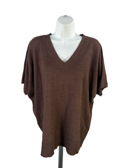 Coldwater Creek Women's Brown Wool Blend V Neck Short Batwing Sleeve Shirt - M