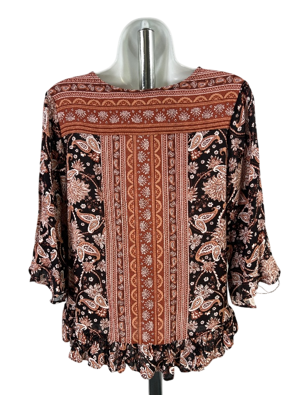 Cynthia Rowley Women's Black/Brown Paisley Ruffle Trim 3/4 Sleeve Blouse - XS image 2