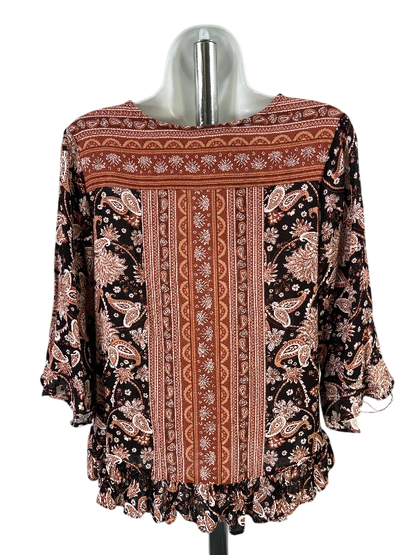 Cynthia Rowley Women's Black/Brown Paisley Ruffle Trim 3/4 Sleeve Blouse - XS image 2
