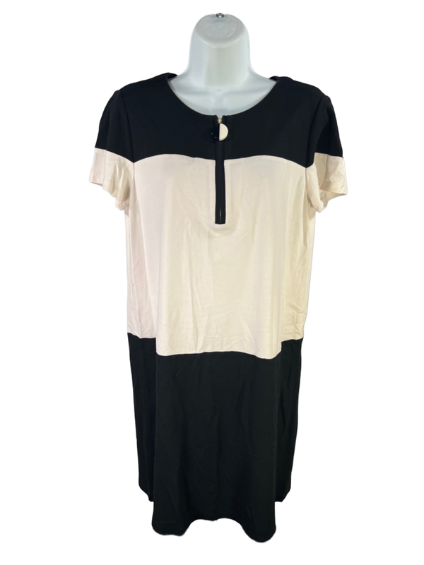 Lafayette 148 Women's Black/White Quarter Zip Short Sleeve Midi Dress - M