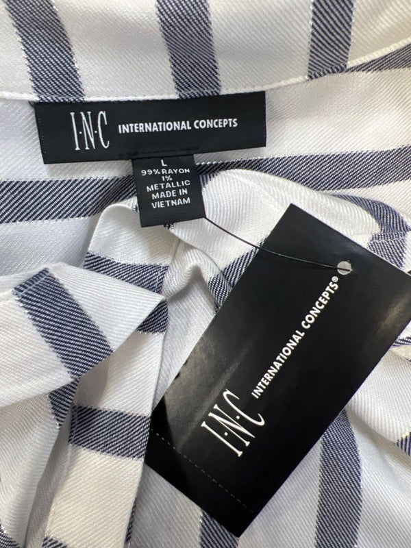 INC International Concepts Women's White/Blue Metallic Button Up Blouse - L image 3