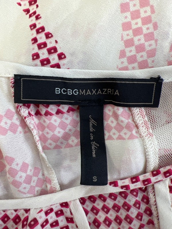 BCBGMaxazria Women's Pink/Cream Keyhole Mesh Cut Out Hankerchief Hem Blouse - S image 3