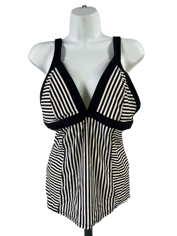 Athleta Women's White/Black Striped V-Neck Tankini Swimsuit Top - L