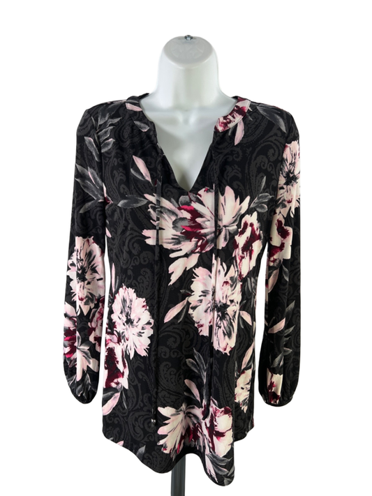 White House Black Market Women's Black/Pink Floral Long Sleeve Blouse - XXS