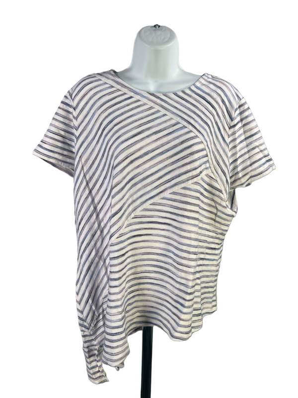 Chico's Women's White/Multicolor Textured Striped Short Sleeve Shirt - 3/US XL