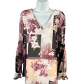 Calvin Klein Women's Purple/Black Long Sheer Sleeve V-Neck Blouse - L