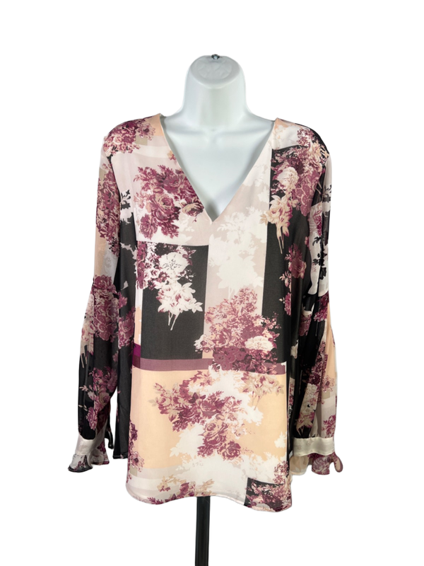 Calvin Klein Women's Purple/Black Long Sheer Sleeve V-Neck Blouse - L