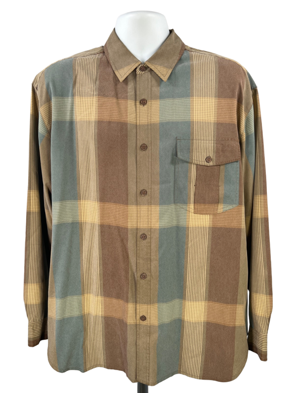 Tommy Bahama Men's Brown/Blue Silk Plaid Long Sleeve Button Up Shirt - L