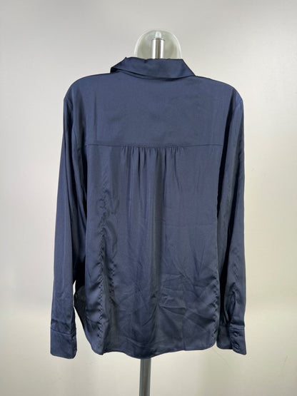 White House Black Market Women's Blue Satin Front Draped Long Sleeve Blouse - L image 2
