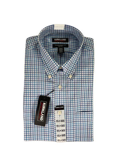 Kirkland Signature Men's Blue Traditional Fit Long Sleeve Button Up Shirt - 15.5