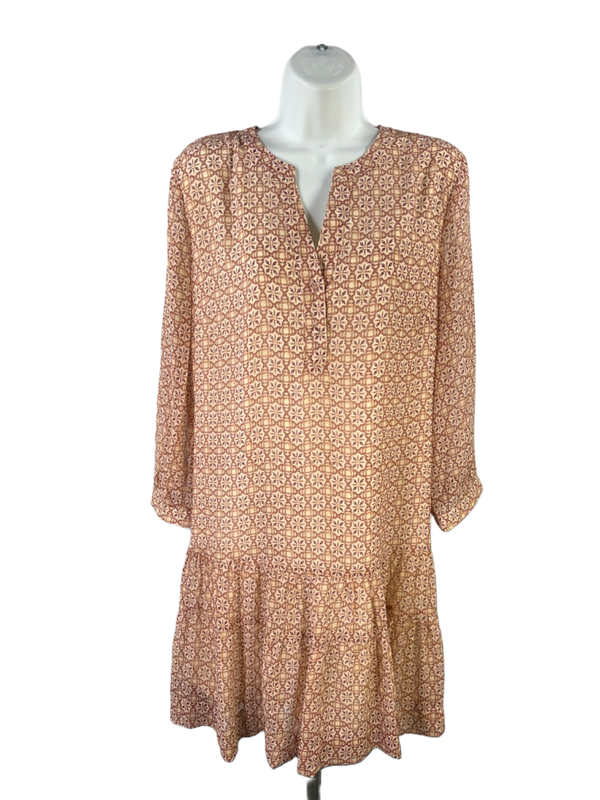 Rose and Olive Women's Red/Beige 3/4 Sheer Sleeve Tiered Short Dress - M
