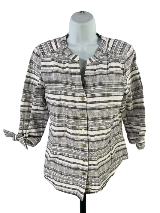 Anne Klein Women's Gray/White 3/4 Tie Sleeve Textured Blouse - S