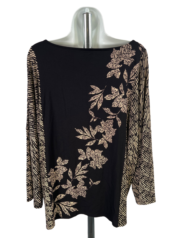Chico's Women's Black/Tan Floral Boat Neck 3/4 Flare Sleeve Blouse - 3/US XL image 2