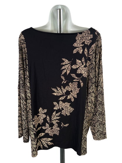 Chico's Women's Black/Tan Floral Boat Neck 3/4 Flare Sleeve Blouse - 3/US XL image 2