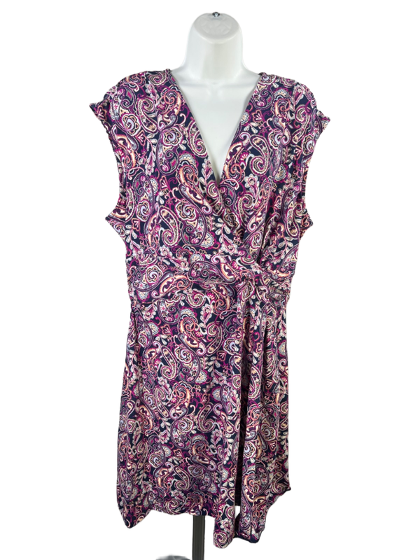 Lands End Women's Purple Paisley V-Neck Sleeveless A-Line Dress - XL