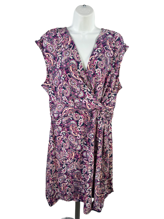 Lands End Women's Purple Paisley V-Neck Sleeveless A-Line Dress - XL