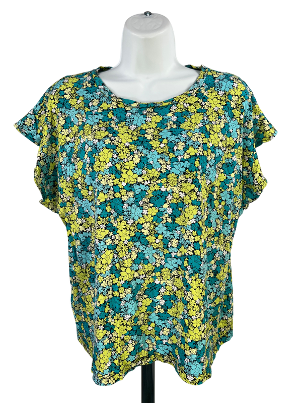 Michael Kors Women's Green/Blue Floral Short Sleeve T-Shirt - L