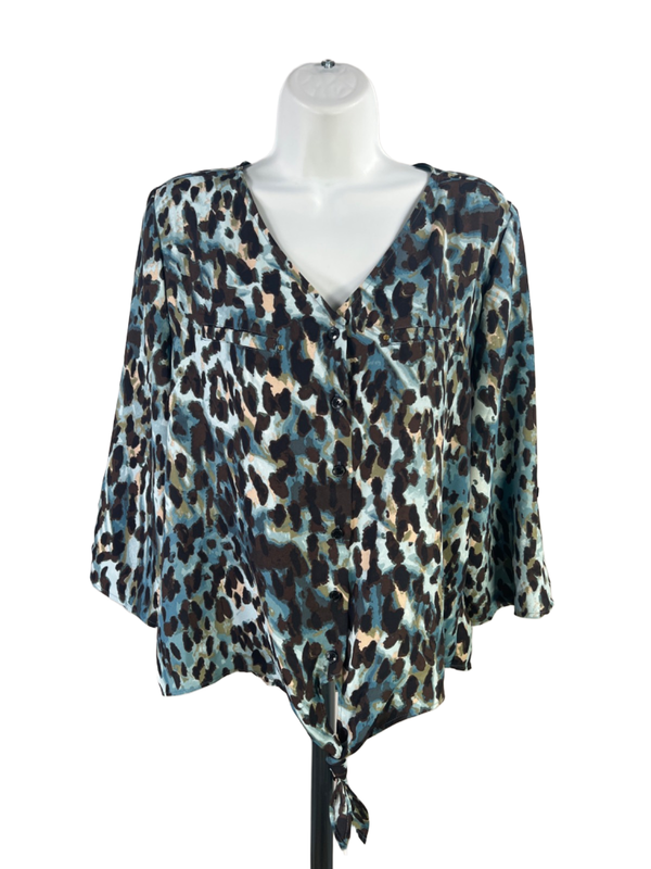 Chico's Women's Blue/Brown 3/4 Roll Sleeve V-Neck Blouse - 1/US M