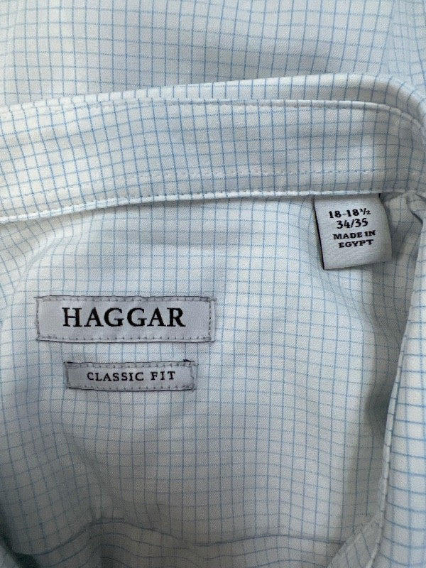Haggar Men's White/Blue Checkered Print Long Sleeve Button Up Shirt - 34/35 image 3