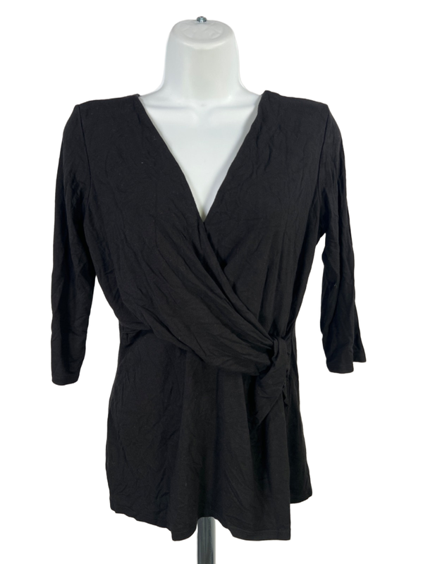 White House Black Market Women's Black Faux Front Wrap Elbow Sleeve Blouse - M
