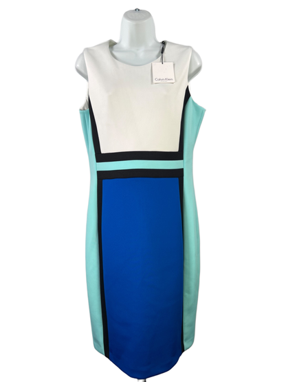 Calvin Klein Women's White/Blue Colorblock Sleeveless Sheath Midi Dress - 12