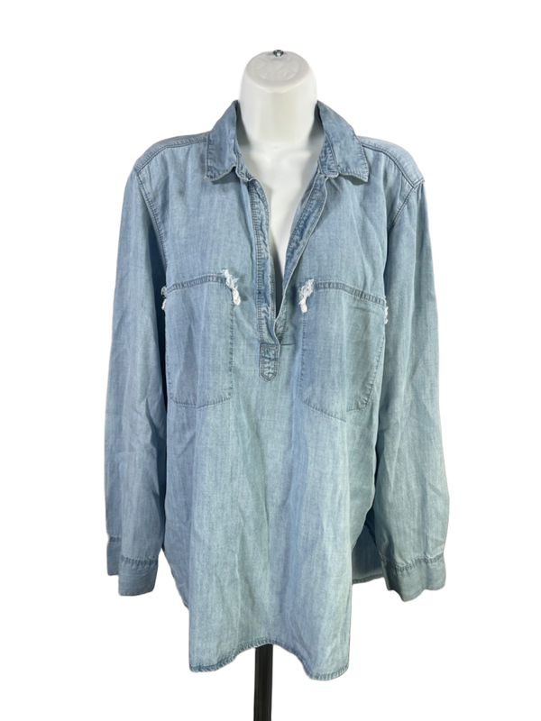 Lou & Grey Women's Blue V Neck Distressed Pockets Long Sleeve Shirt - XL