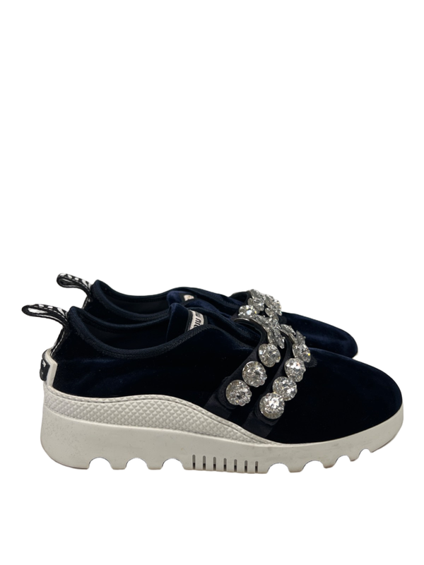 Miu Miu Women's Blue Velvet Crystal Accent Platform Loafers - 39/US 8.5
