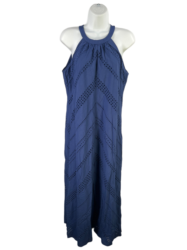 Tommy Bahama Women's Blue Eyelet Halter Side Slit Lined Maxi Dress - M