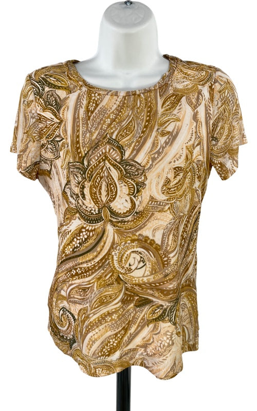 Tahari Women’s Beige Paisley Mesh Lined Short Sleeve Blouse - XS image 2