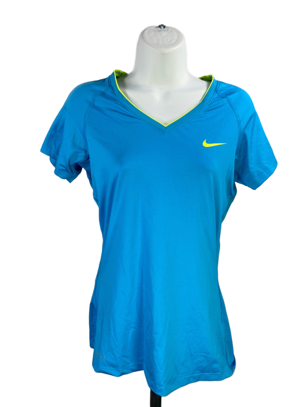 Nike Women's Blue Short Sleeve Pro Fitted V-Neck Athletic T-Shirt - M