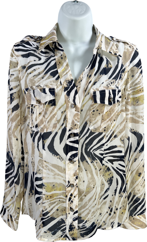 Michael Kors Women’s Beige/Blue Long Sleeve Semi Sheer Button Up Blouse - 2