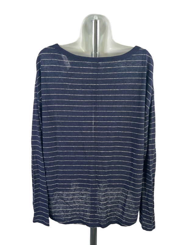 Gap Women's Blue/White Striped Linen Blend Long Sleeve Tee Shirt - L image 2