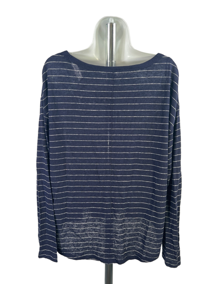Gap Women's Blue/White Striped Linen Blend Long Sleeve Tee Shirt - L image 2