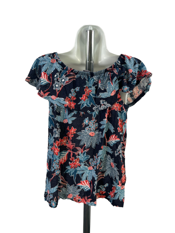 J Jill Women's Blue/Red Linen Floral Layered Flutter Sleeve Blouse - XS image 2