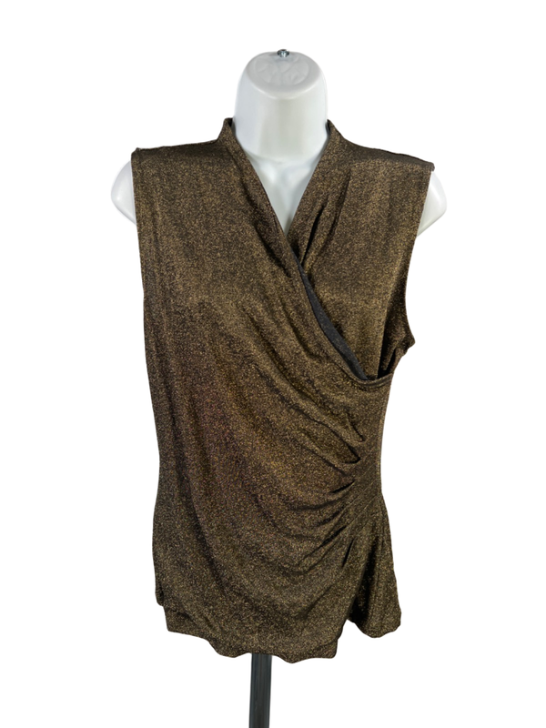 Lauren Ralph Lauren Women's Yellow Metallic Faux Wrap Sleeveless Blouse - M