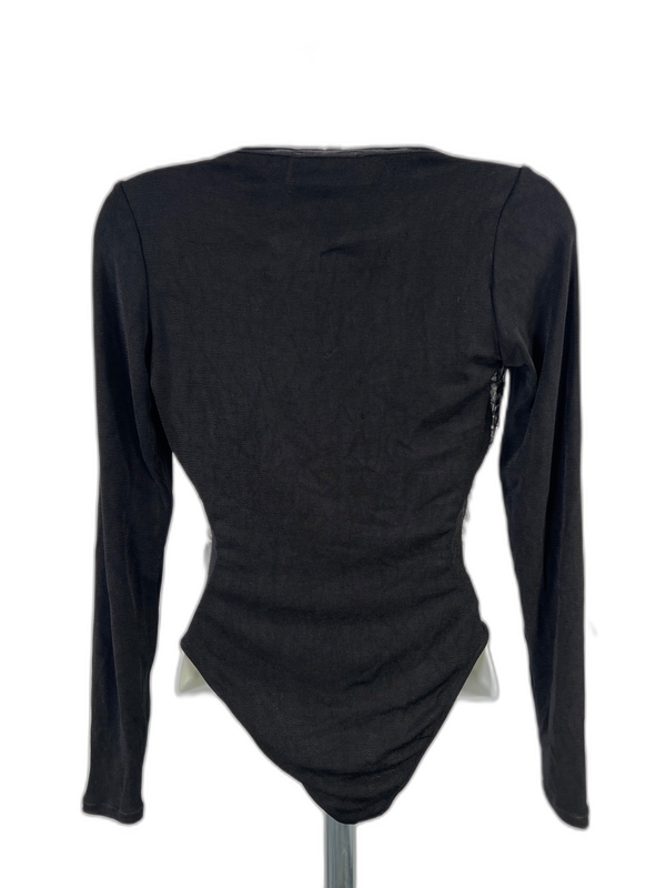 Feel Good Paris Women's Black Sheer Textured Front Long Sleeve Bodysuit - M image 2