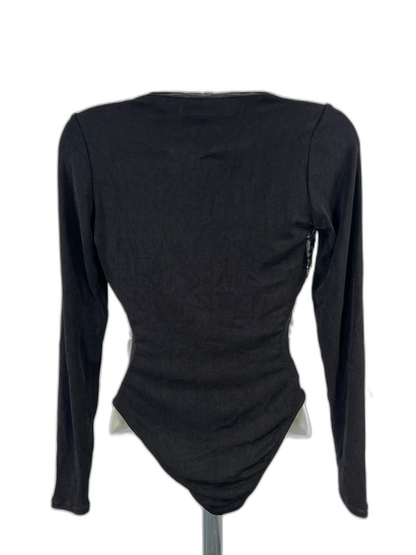 Feel Good Paris Women's Black Sheer Textured Front Long Sleeve Bodysuit - M image 2