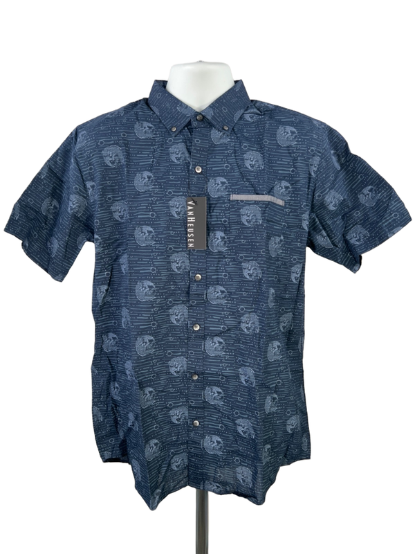 Van Heusen Men's Navy Blue Koi Fish Short Sleeve Button Up Shirt - M