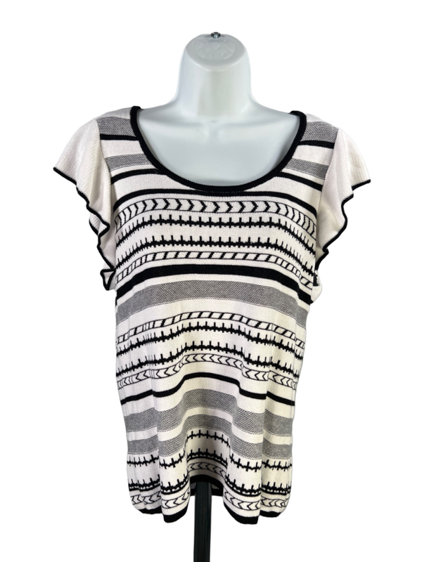 White House Black Market Women's White/Black Ruffle Sleeve Sweater - L