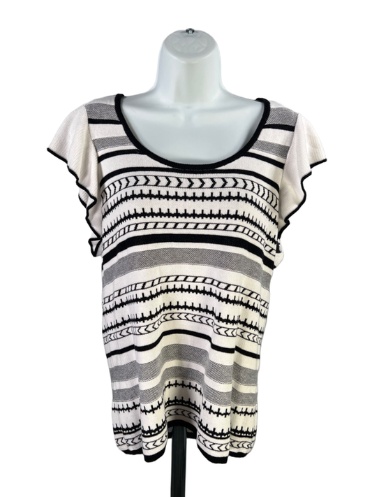 White House Black Market Women's White/Black Ruffle Sleeve Sweater - L