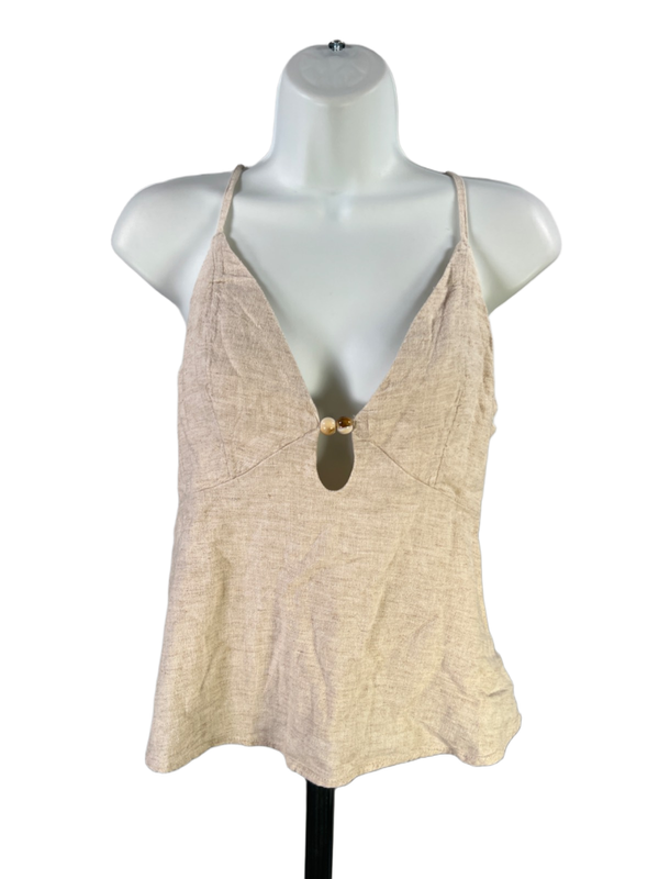 Abercrombie & Fitch Women's Beige Linen Blend Sleeveless Beaded Cami Top - M