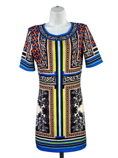 Penelope Leroy Women's Blue Geometric Short Sleeve Sheath Dress - M