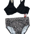 Lands' End Women's Black/Leopard D-Cup Twist Front Underwire Mid Rise Bikini - 8