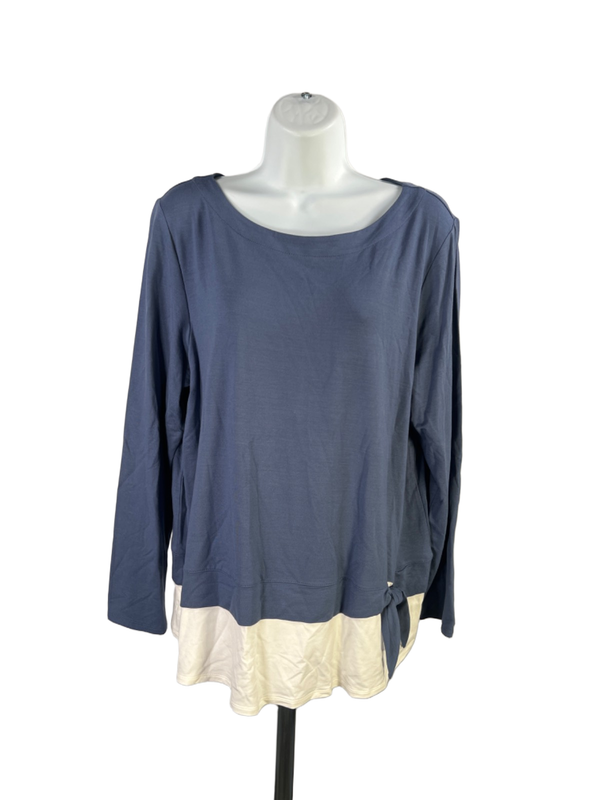 J Jill Women's Blue/Cream Layered Tie Detail Long Sleeve Shirt - L