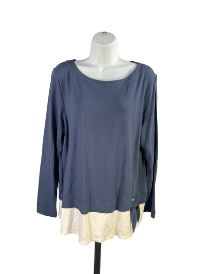 J Jill Women's Blue/Cream Layered Tie Detail Long Sleeve Shirt - L