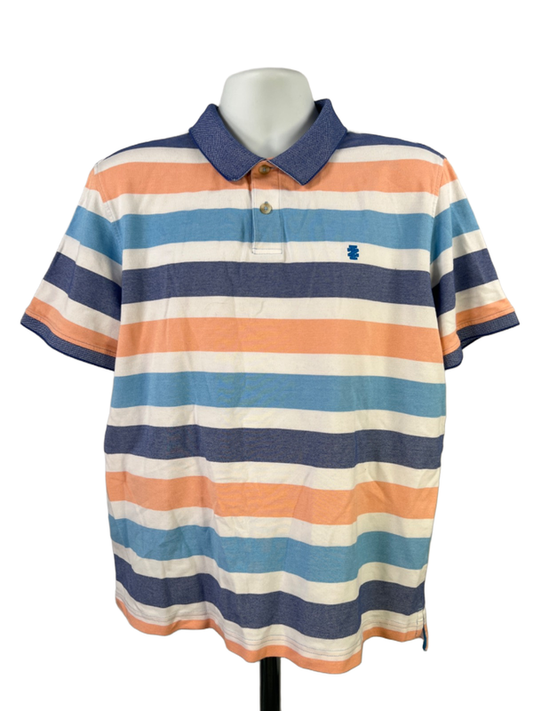 IZOD Men's Blue/Orange Striped Advantage Short Sleeve Polo Shirt - XL